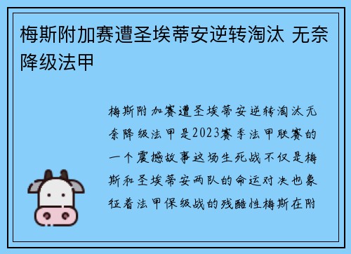 梅斯附加赛遭圣埃蒂安逆转淘汰 无奈降级法甲